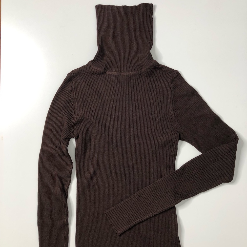 Sreetwear Society Dark Brown Turtle Neck Rib-Knit Long Sleeve Tee S